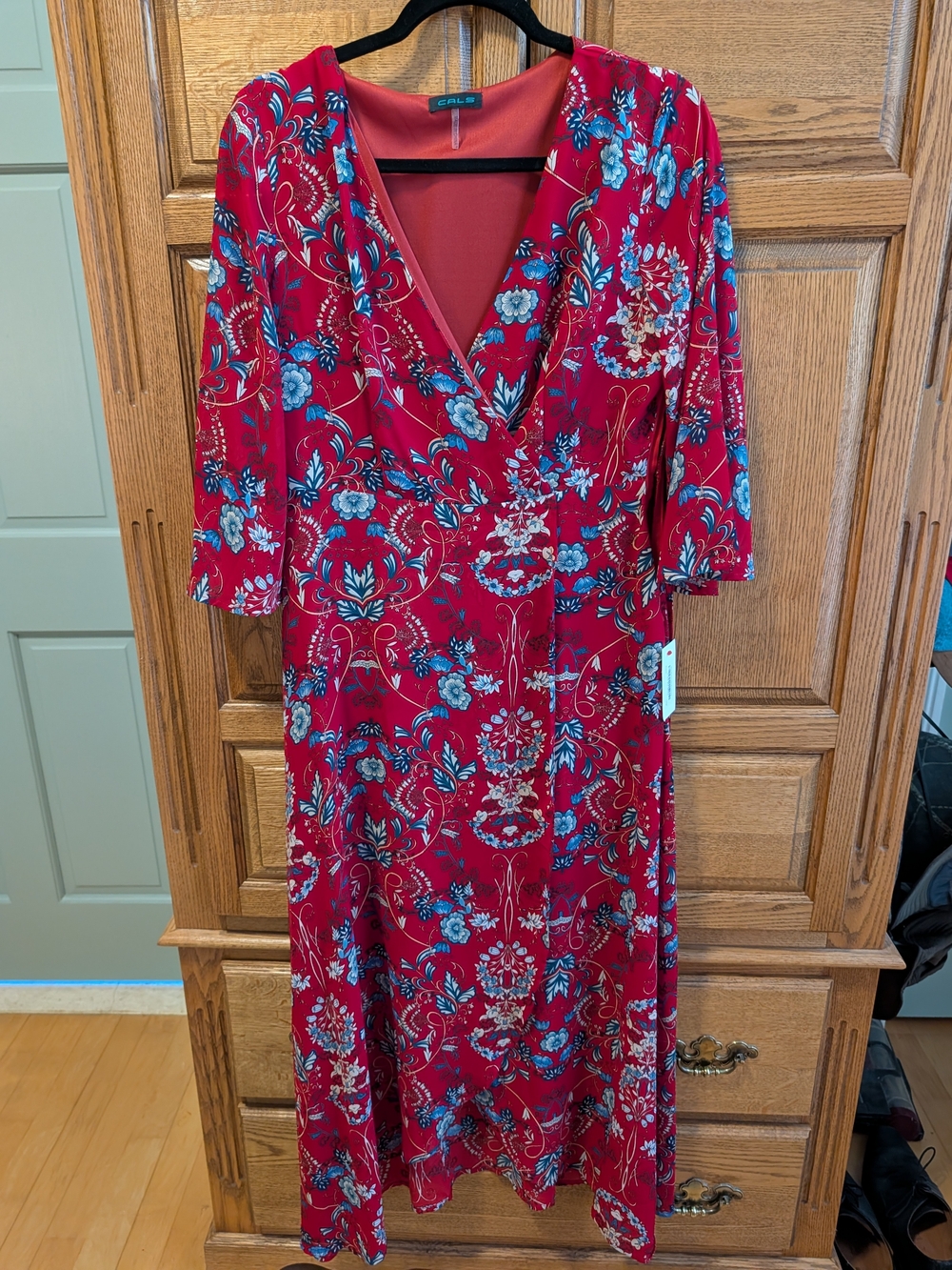 Cals Red Floral Midi Dress with Blue Accents